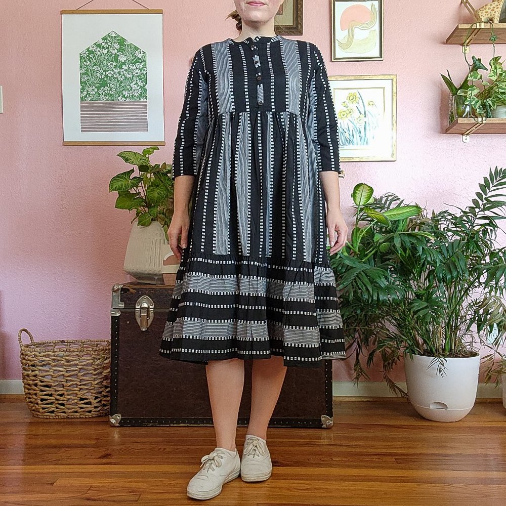 Janasya Black and White Textured Striped Boho Dress Size L